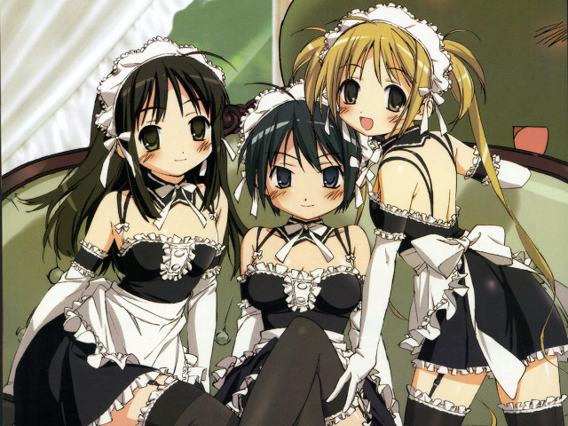 Three anime maid girls bedroom free wallpaper for desktop - medium preview image