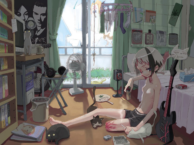Woman cat bedroom anime cyberpunk free wallpaper for desktop - medium preview image