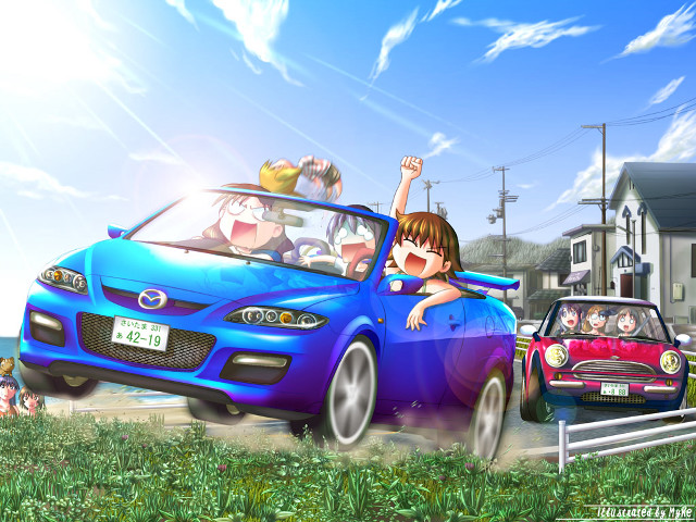 Cartoon car driving past girls free wallpaper for desktop - medium preview image