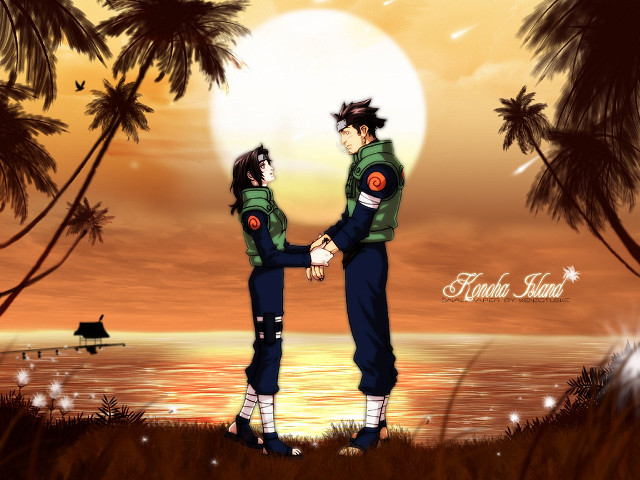 Romantic anime ocean palm trees free wallpaper for desktop - medium preview image