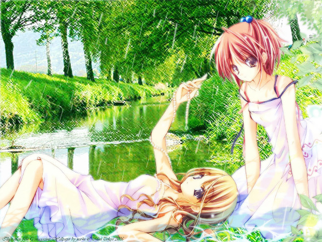 Anime girls pond fence dappled free wallpaper for desktop - medium preview image