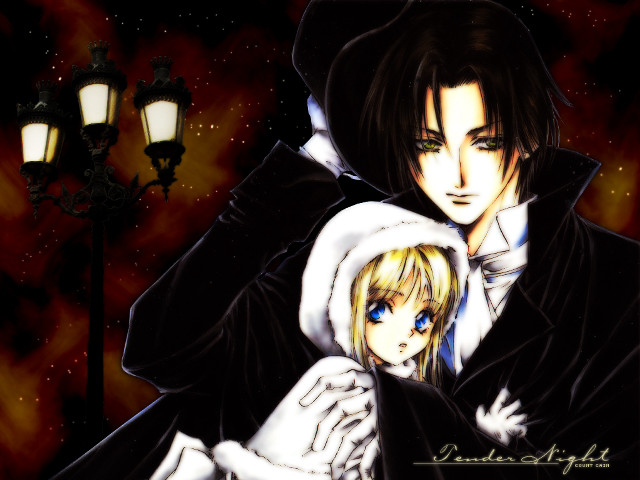 Gothic anime couple hug streetlight free wallpaper for desktop - medium preview image