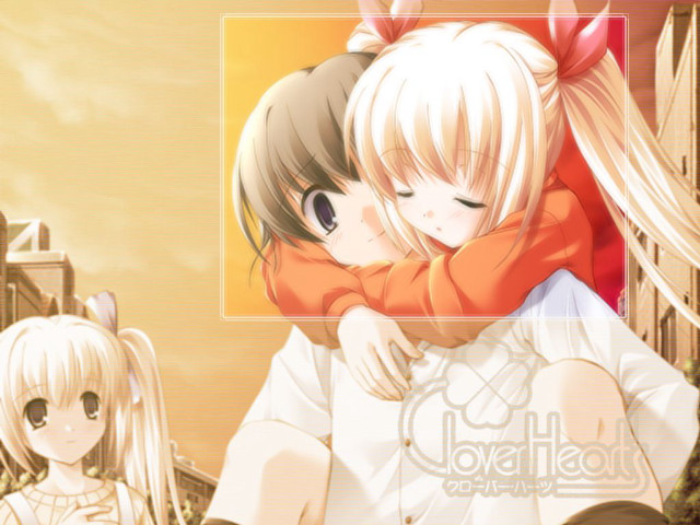 Anime girls hug building yellow free wallpaper for desktop - medium preview image