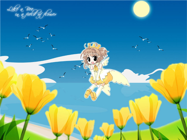 Cartoon girl flying yellow flowers free wallpaper for desktop - medium preview image