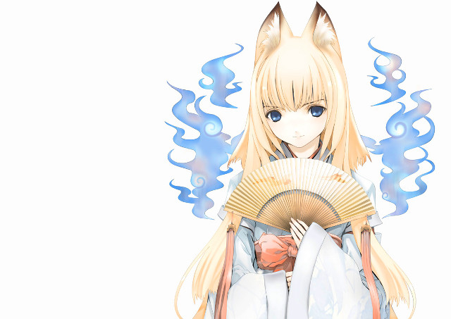 Anime foxgirl fan kimono blueeyes free wallpaper for desktop - medium preview image
