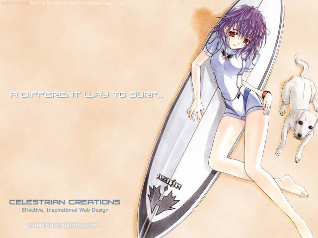 Woman surfboard dog beach anime free wallpaper for desktop - medium preview image