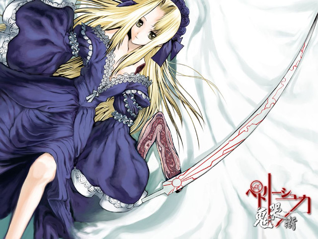 Woman blue dress sword gothic free wallpaper for desktop - medium preview image