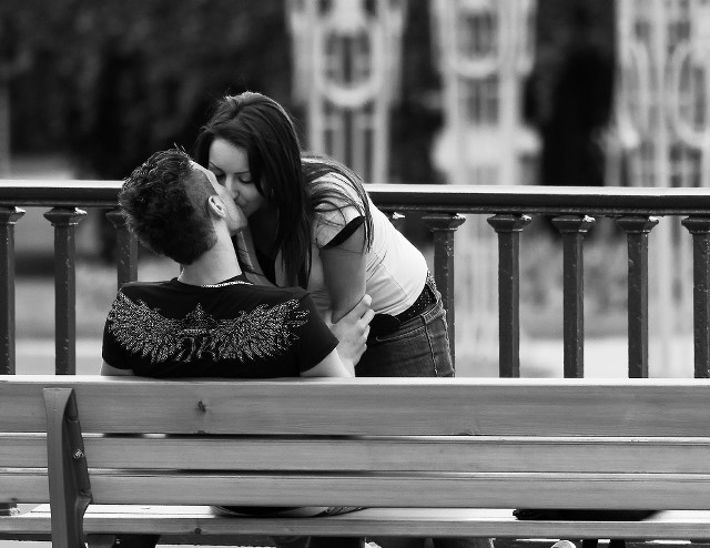 Man woman kissing bench park free wallpaper for desktop - medium preview image