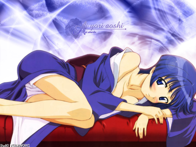 Woman couch blue background anime free wallpaper for desktop - medium preview image