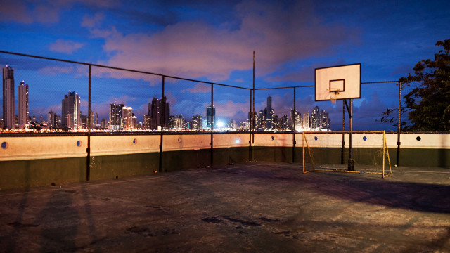 Basketball court city skyline night free wallpaper for desktop - medium preview image