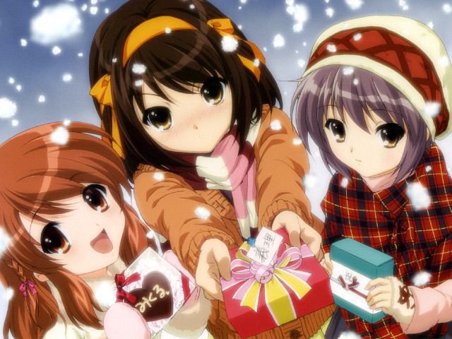 Three girls snow gift christmas free wallpaper for desktop - medium preview image