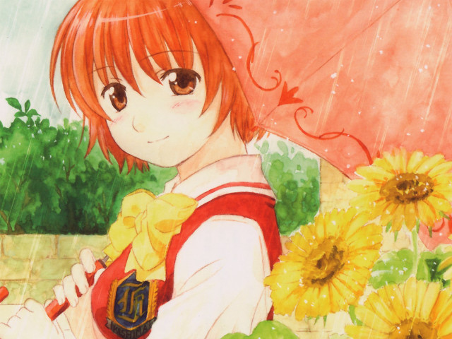 Red haired girl holding umbrella free wallpaper for desktop - medium preview image