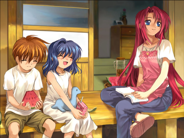 Anime girls bench watermelon blue free wallpaper for desktop - medium preview image