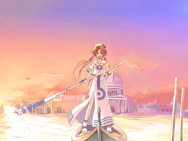 Woman sword boat city dusk free wallpaper for desktop - medium preview image