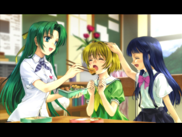 Group girls food blurry characters free wallpaper for desktop - medium preview image