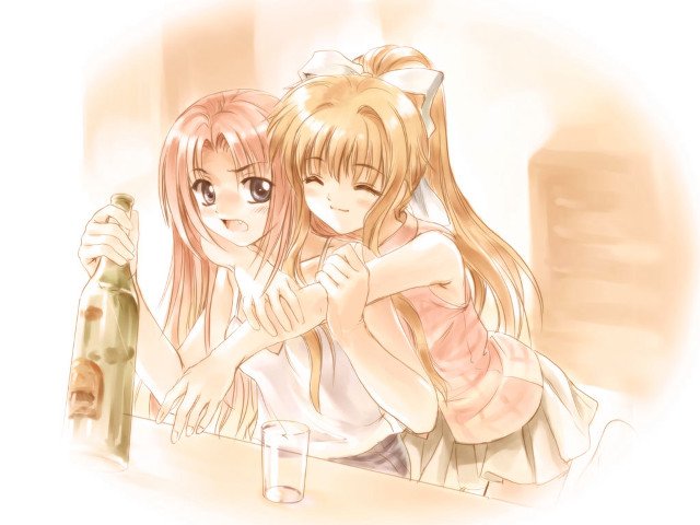 Two girls beer hug anime free wallpaper for desktop - medium preview image