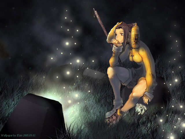 Fantasy anime man sitting fireflies free wallpaper for desktop - medium preview image