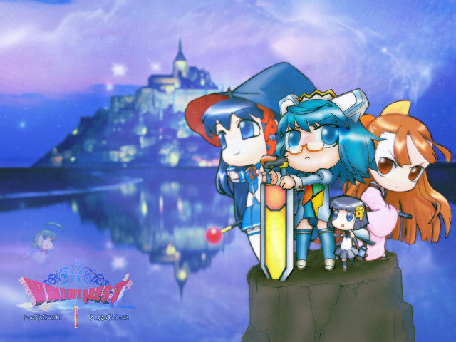 Cliff castle lake cartoon 4girls free wallpaper for desktop - medium preview image