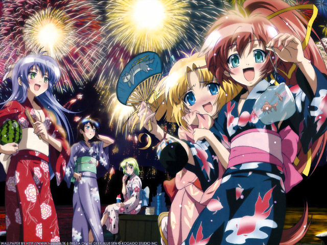 Anime girls fireworks festival kimono free wallpaper for desktop - medium preview image