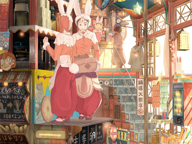 Woman storefront rabbit magic illustration free wallpaper for desktop - medium preview image