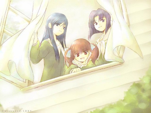 Three anime girls window scenery free wallpaper for desktop - medium preview image