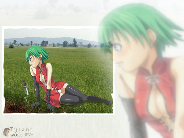 Green hair sitting field sword free wallpaper for desktop - medium preview image
