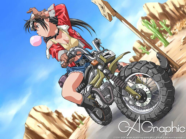 Girl motorcycle desert illustration manga free wallpaper for desktop - medium preview image