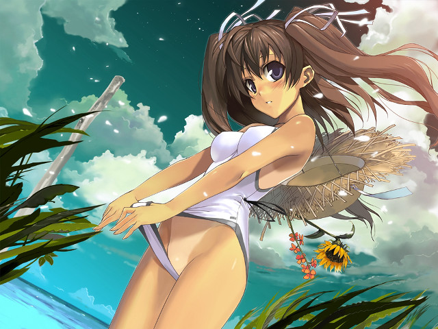 Girl sunflower beach anime outdoors free wallpaper for desktop - medium preview image