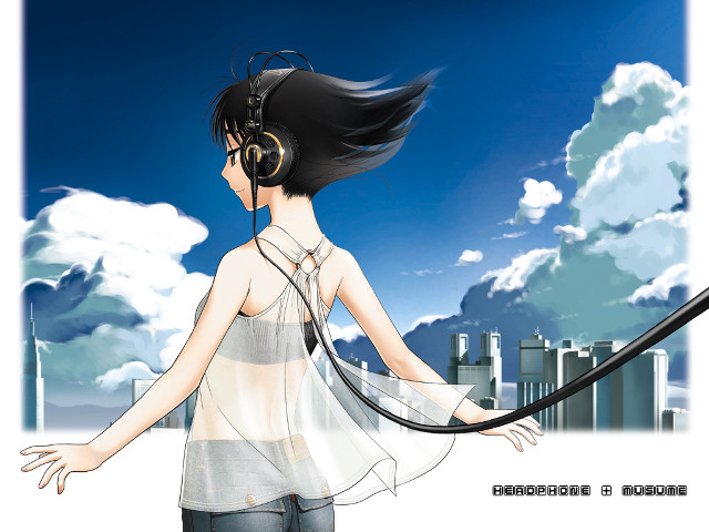 Woman headphones city skyline album free wallpaper for desktop - medium preview image