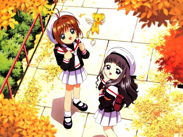 Autumn leaves two girls cat free wallpaper for desktop - medium preview image