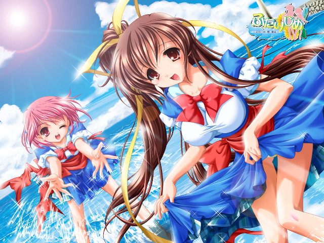 Anime girls water umbrella beach free wallpaper for desktop - medium preview image