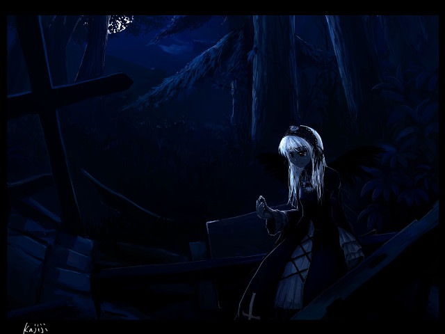 White hair black dress forest free wallpaper for desktop - medium preview image