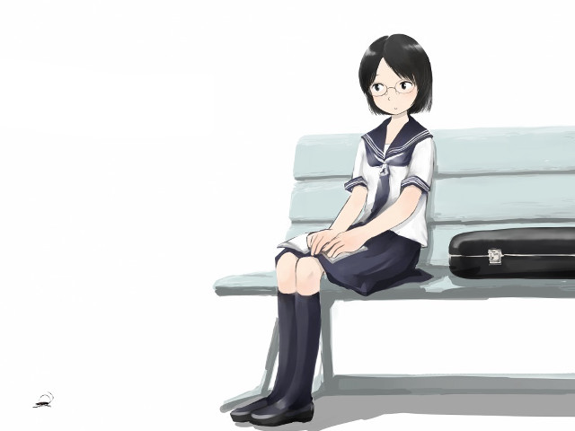 Woman sitting bench suitcase manga free wallpaper for desktop - medium preview image