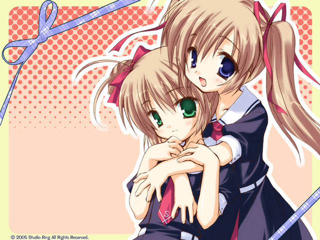 Anime girls hug ribbon bow free wallpaper for desktop - medium preview image