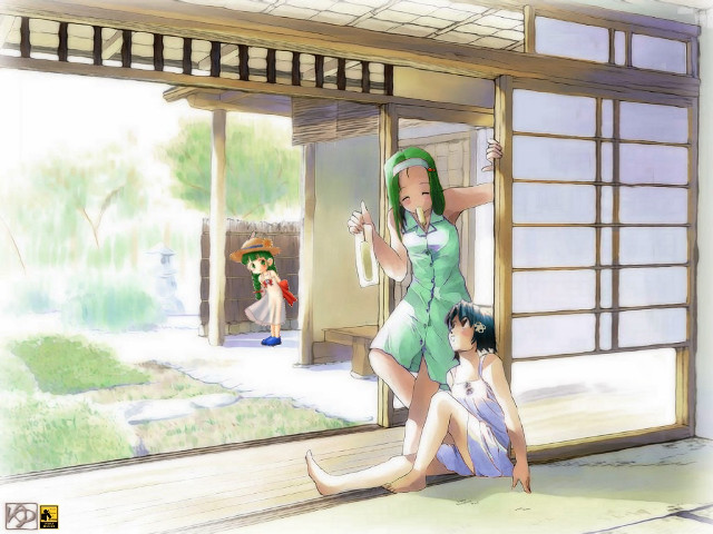 Woman green dress boy umbrella free wallpaper for desktop - medium preview image