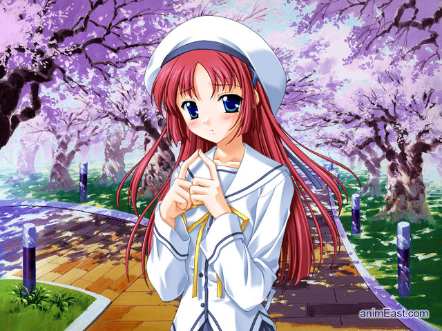Red hair girl park anime free wallpaper for desktop - medium preview image