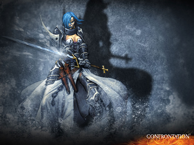 Woman armor sword shadow bluehair free wallpaper for desktop - medium preview image