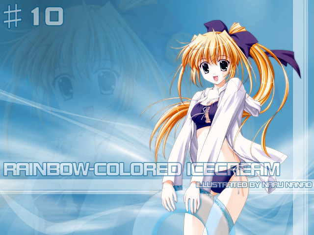 Anime girl blue shirt rainbow free wallpaper for desktop - medium preview image