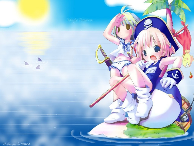 Island animegirls sailboat palm tree free wallpaper for desktop - medium preview image