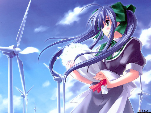 Girl wind turbines blue hair free wallpaper for desktop - medium preview image