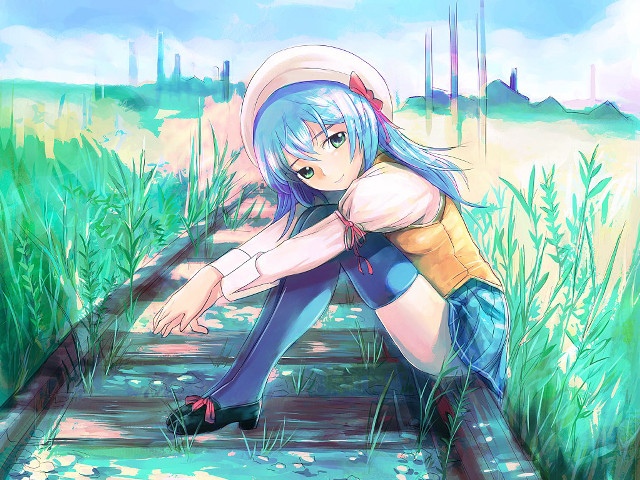 Blue haired girl kneeling traintrack free wallpaper for desktop - medium preview image