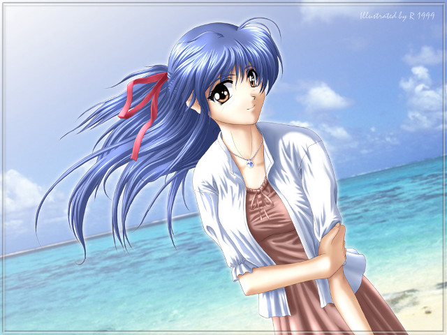 Bluehair beach ocean ribbon anime free wallpaper for desktop - medium preview image