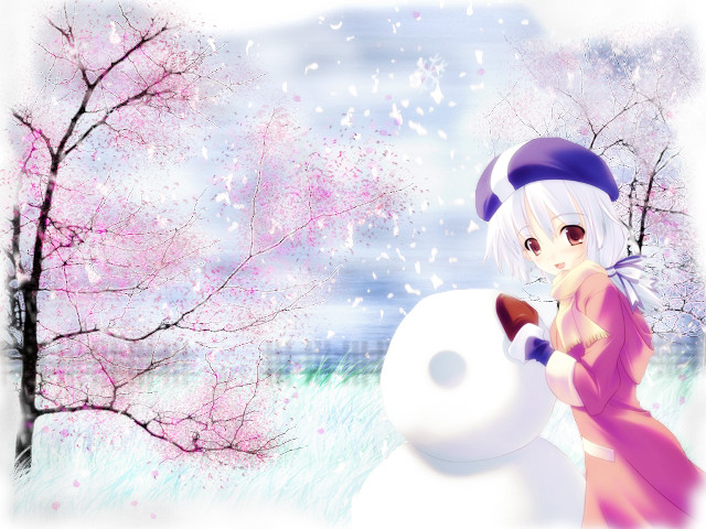 Pink dress girl snowman cherry free wallpaper for desktop - medium preview image