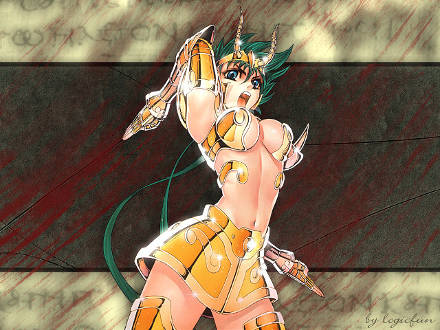 Yellow armor greenhair sword fantasy free wallpaper for desktop - medium preview image