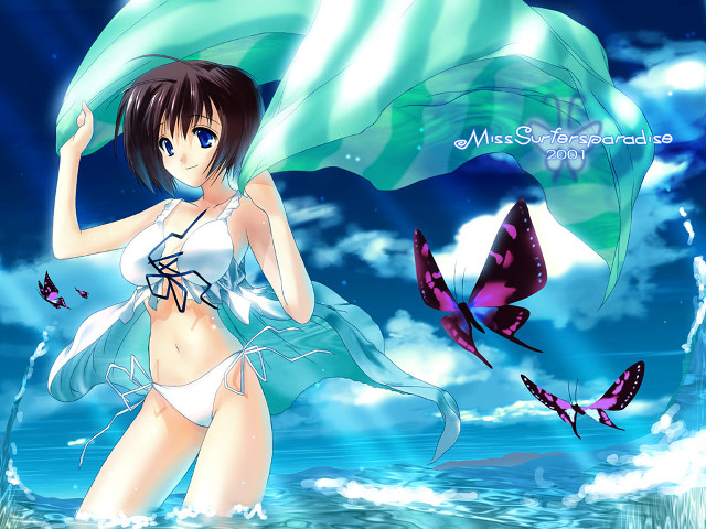 Woman bikini umbrella water butterflies #2 free wallpaper for desktop - medium preview image