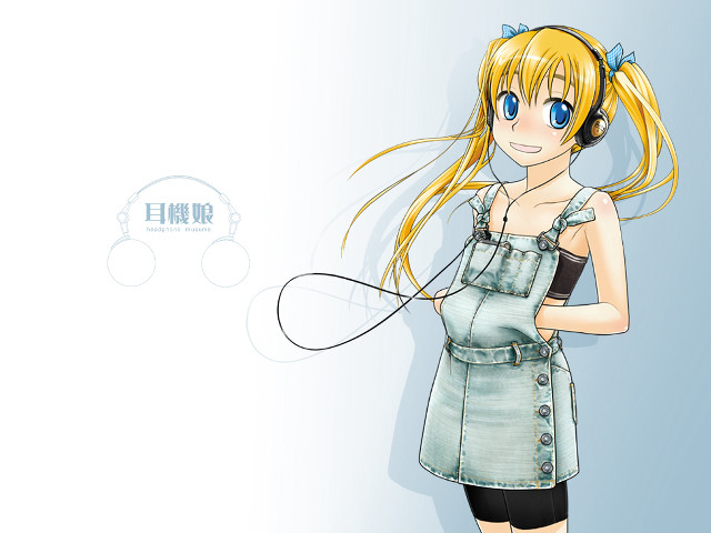 Blonde girl headphones dress blue free wallpaper for desktop - medium preview image