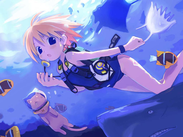 Diving woman cat fish shark free wallpaper for desktop - medium preview image