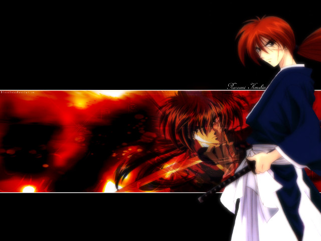 Redhair bluekimono moonfire sword poster free wallpaper for desktop - medium preview image