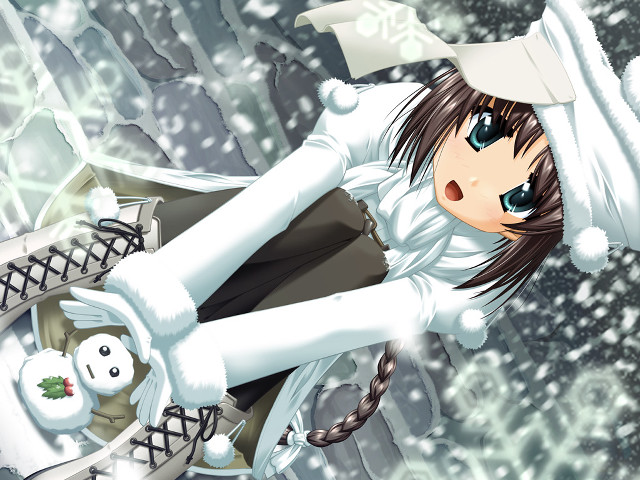 Anime girl white outfit snowman free wallpaper for desktop - medium preview image