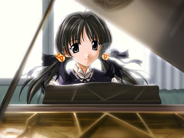 Girl piano ponytailed bow rayonism free wallpaper for desktop - medium preview image